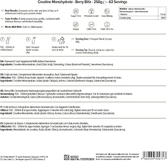 THE PROTEIN WORKS Creatine Monohydrate Powder 100% Pure & Fast-Absorbing Creatine Supplement Supports Muscle Strength & Recovery Berry Blitz Flavor, 250g (62 Servings)