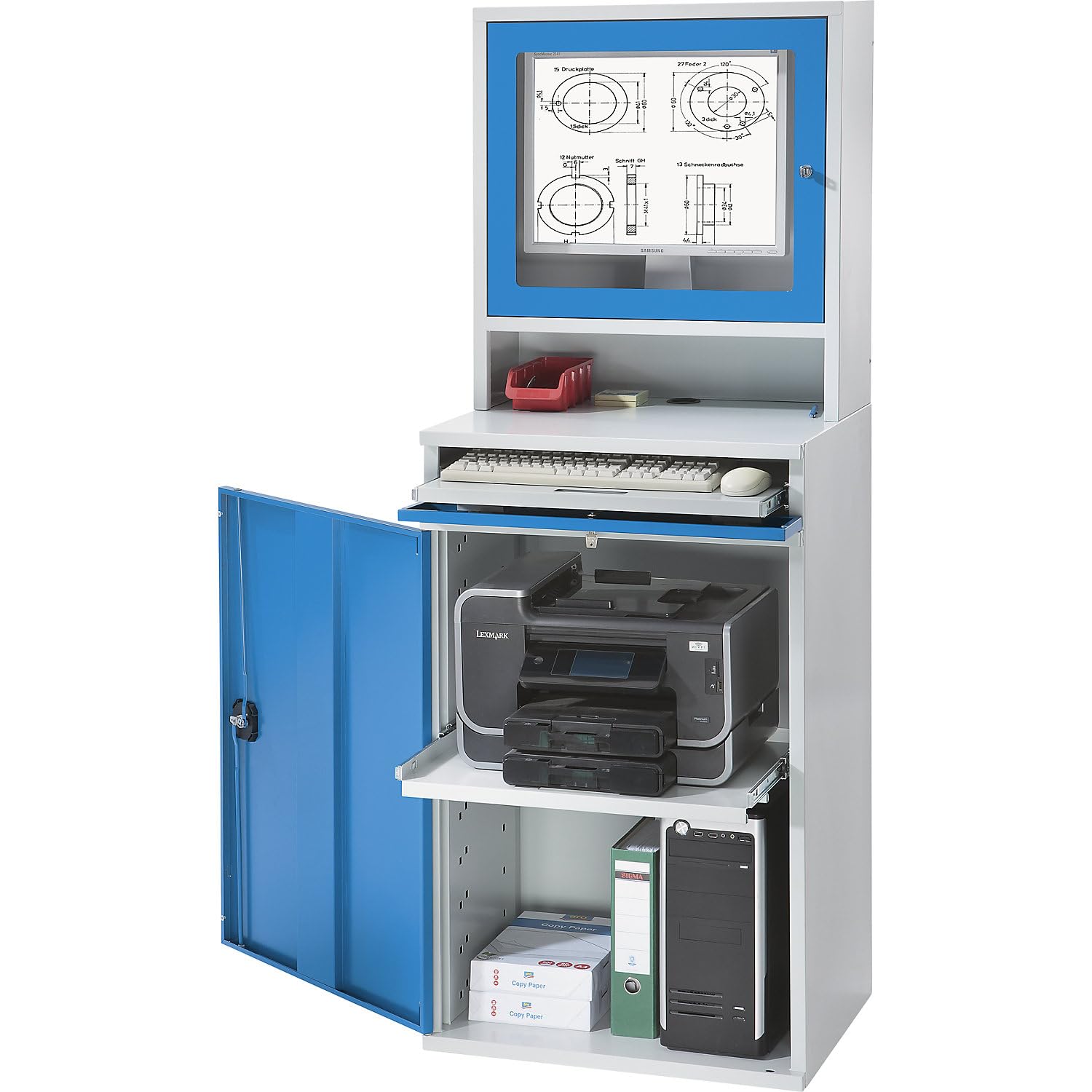 EUROKRAFTpro Computer-Arbeitsstation, Stahlblech HxB 1770 x 650 mm, mit Monitorgehäuse Türfarbe Lichtblau
