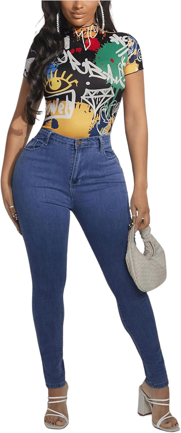 GORGLITTER Women's Long Sleeve Mock Neck Body Suits Graphic Letter One Piece Bodysuit Colorful Leotard Tops - Image 5