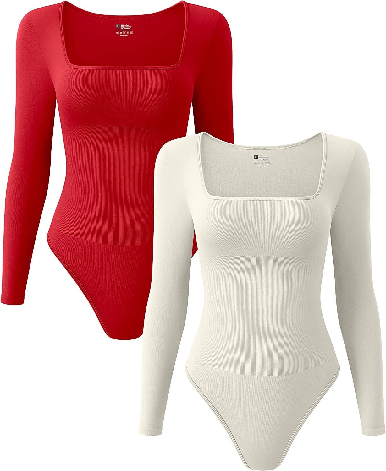 FUNNYBSGFUNNYBSG Women’s Sexy Ribbed Square Neck Long Sleeve Bodysuit Set - 2 Piece Shapewear Bodysuits (Color : Red Beige, Size : S)