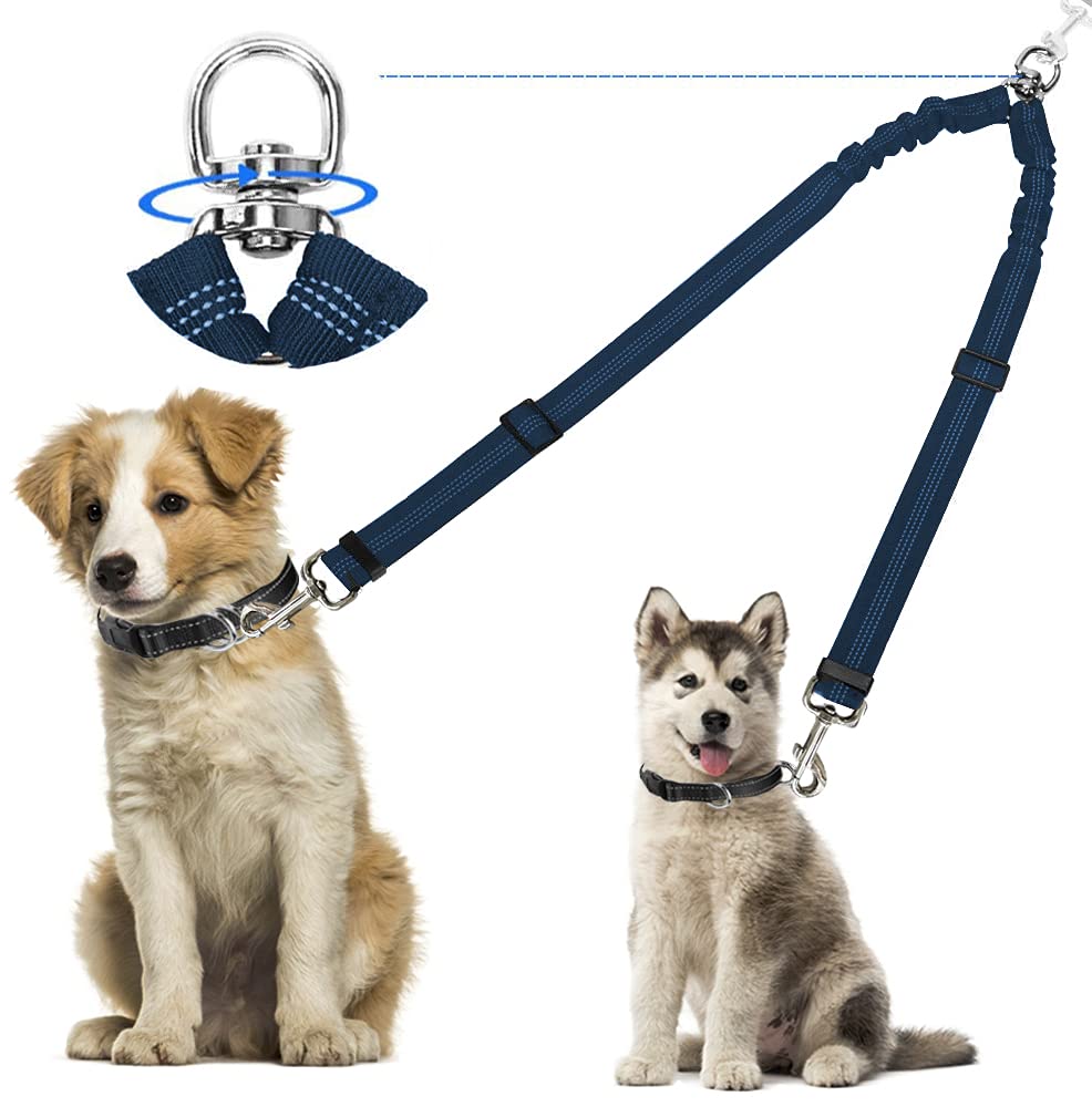 Kelivi Doppel-Hundeleinenkupplung, kein Verheddern, 360 ° drehbar, Zwei Hundeleinen Splitter, strapazierfähig, verstellbar, Bungee-reflektierend, kleine, mittelgroße und große Hunde (blau)