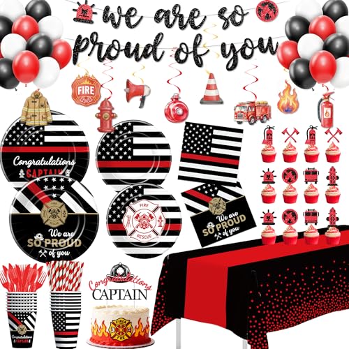 HOAKWA Firefighter Graduation Party Decorations Fireman Party Supplies for Officer Grad Academy Retirement Promotion Birthday Plate Cup Napkin Tablecloth Banner Swirl Balloon Topper Serve 24