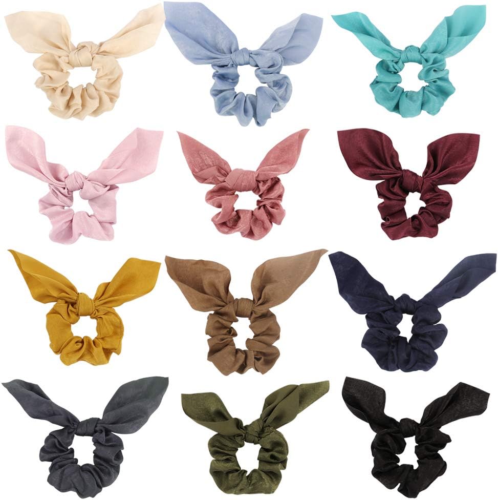 Jaciya 12 Pack Hair Elastics Bow Scrunchies Satin Silk Hair Scrunchies Hair Bow Chiffon Ponytail Holder Bobbles Soft Elegant Elastic Hair Bands Hair Ties, 12 Colors