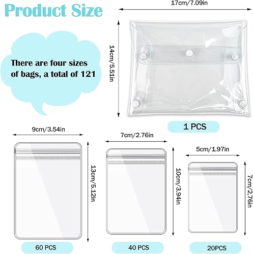 Miniatura 2 de 120 bolsas de joyería de PVC autosellables y 1 bolsa de maquillaje transparente para almacenamiento de joyas en 3 tamaños, pequeñas bolsas con