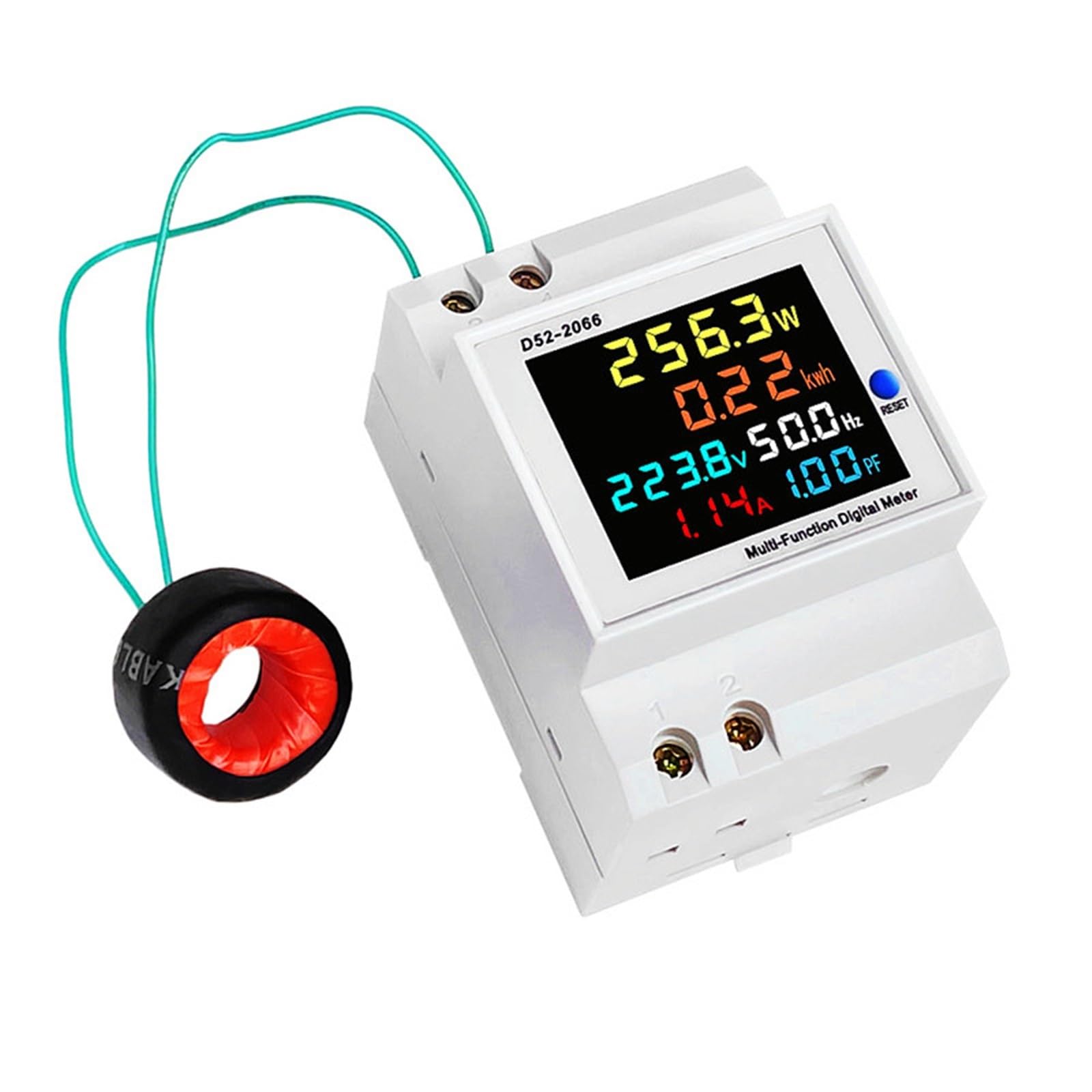 Front view of the FOUNCY D52-2066 Din Rail AC Monitor showing its multi-color LCD display with various electrical parameters.