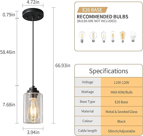 Miniatura 3 de Modernas lámparas colgantes industriales, lámpara de techo de vidrio sembrado, iluminación de granja negra para cocina, isla, pasillo, dormitorio,
