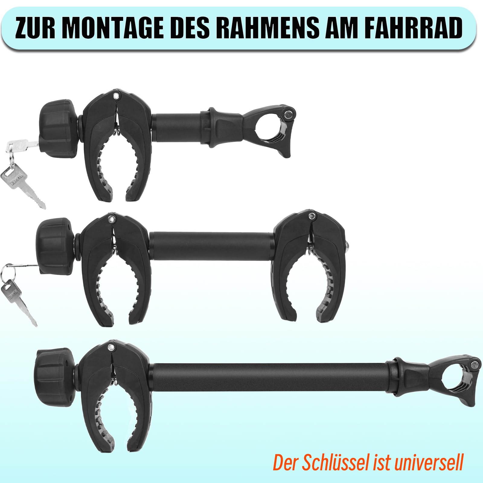 Warmfay 3 soportes para marco de bicicleta de color negro, 25 cm de largo + 32 cm + 45 cm, se puede cerrar con llave, para tubo de estribo en U: Ø 3,0 cm, soporte universal de repuesto para todos los