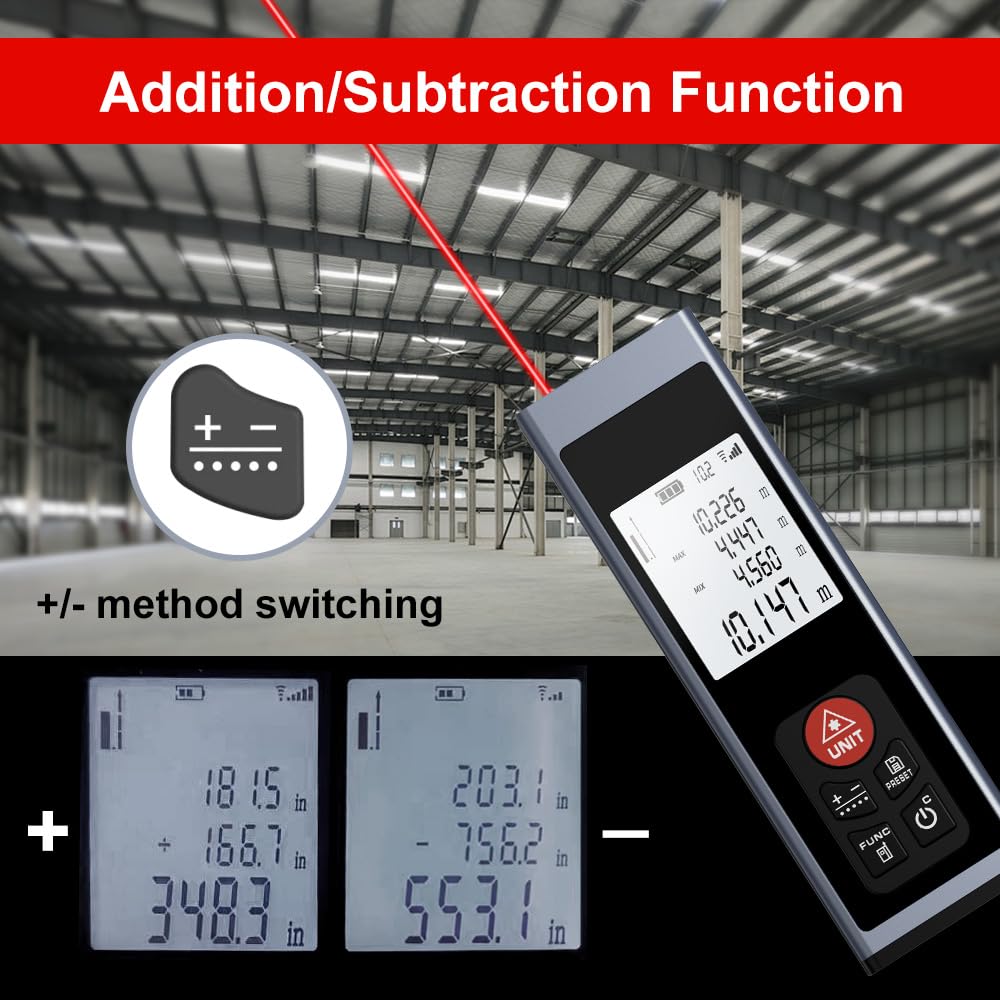 AquilaPro KL02100 display showing addition and subtraction of measurements