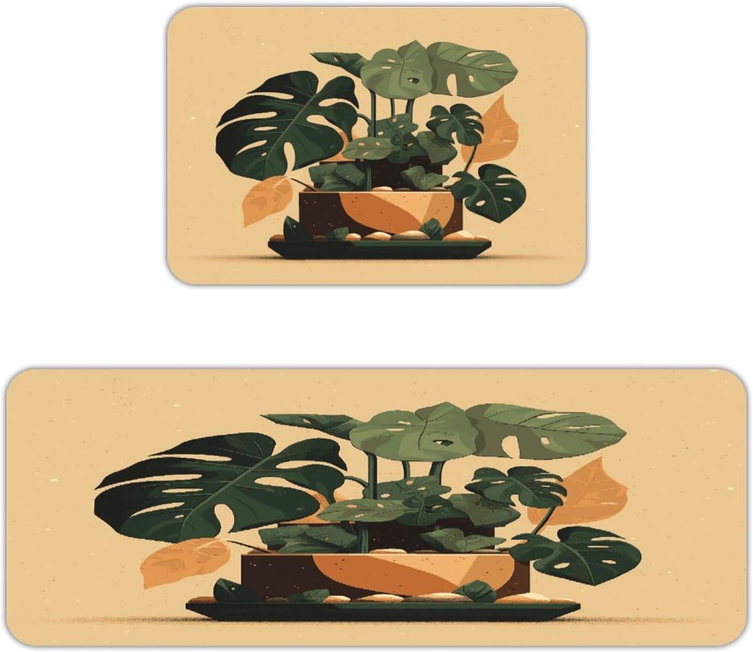 Gray Monstera Plant Kitchen Mats with 2PCS Non-Slip Washable,Kitchen Rug Heavy Duty Durable, Floor Mats for Kitchen,Office,Sink,Laundry