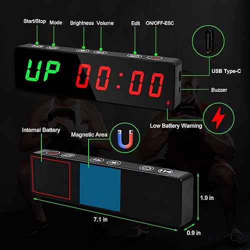 Miniatura 23 de Temporizador de gimnasio portátil, reloj de entrenamiento con batería recargable e imán integrado, cronómetro cuenta regresiva/hacia arriba para Azul