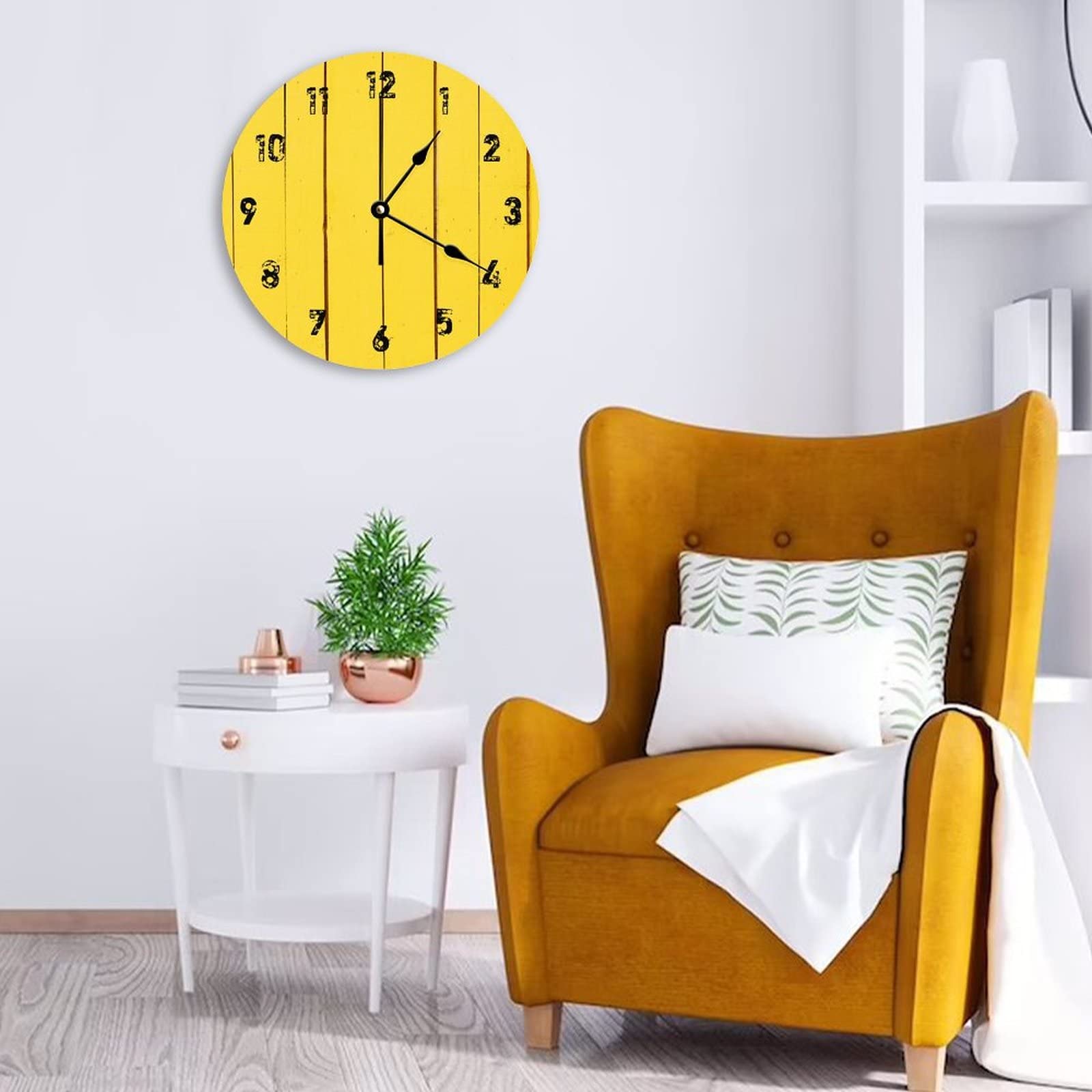 Decoratieve Stille Geen tikkende Wandklok Rustieke Geel Houten Planken Ronde Moderne Houten Klokken voor Slaapkamer Woonkamer Thuiskantoor School Muur Art Decor, 25 X 25 CM
