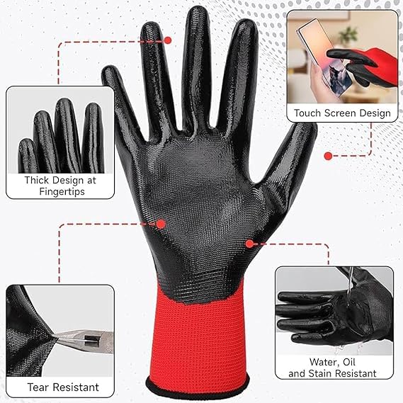 50 Paar Arbeitshandschuhe Herre,robuste & komfortable Gartenhandschuhe Herren,Arbeitshandschuhe Damen,Mechaniker Handschuhe mit Latex Beschichtung für Heimwerken Gartenarbeit(Rot und Schwarz)