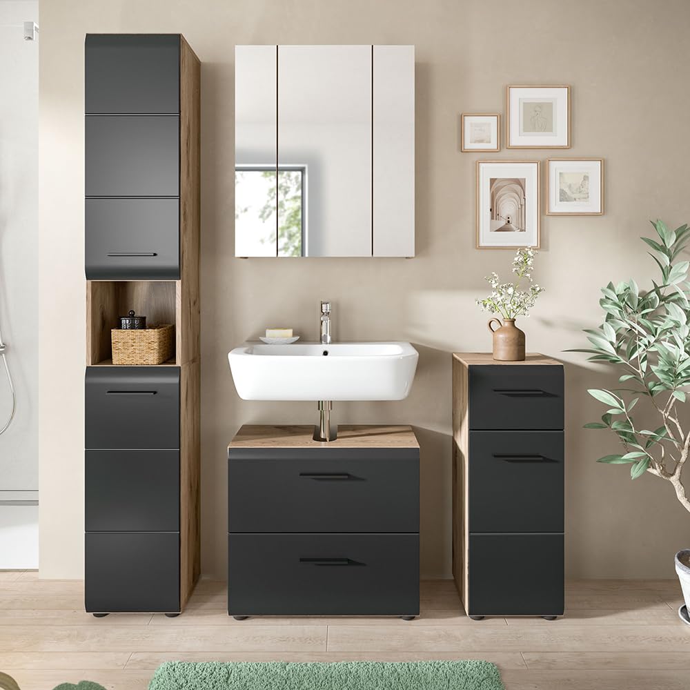 Lomadox Badezimmer Badmöbel-Set 4-teilig in Eiche mit schwarz matt, mit 1 Hochschrank, 1 Unterschrank, 1 Spiegelschrank mit 3D-Funktion & 1 Waschbeckenschrank