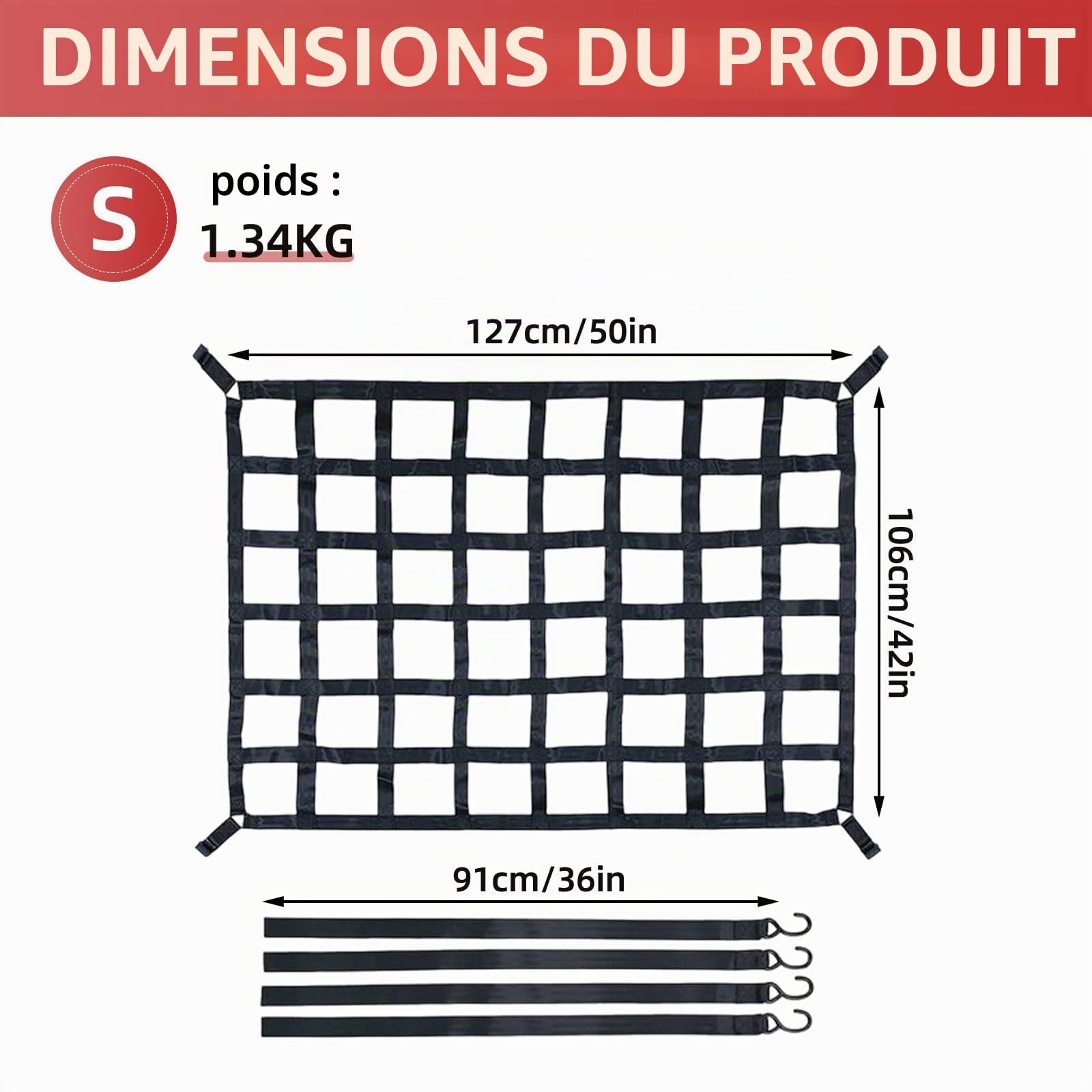 Filet de Rangement Voiture 127 x 106 cm Filet Toit/Ensemble de Clôture Arrière de Camion, Filet de Chargement Réglable, Filet de Levage de Ceinture de Sécurité, Filet de Remorque Lourd