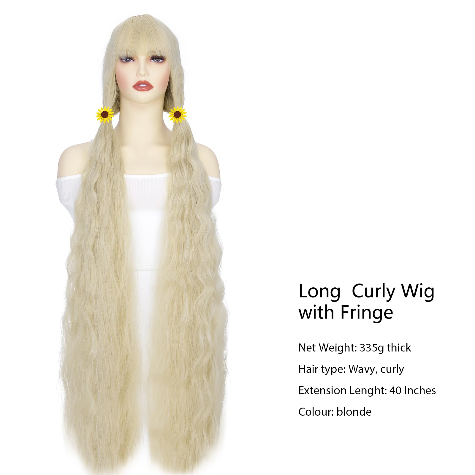 BUYOGET Rapunzel Wigs for Women Blonde Wig 40"/100cm Long Wavy Curly Wig with Fringe for Halloween, #312-F3 Blonde-wavy, 40 inches - Image 4