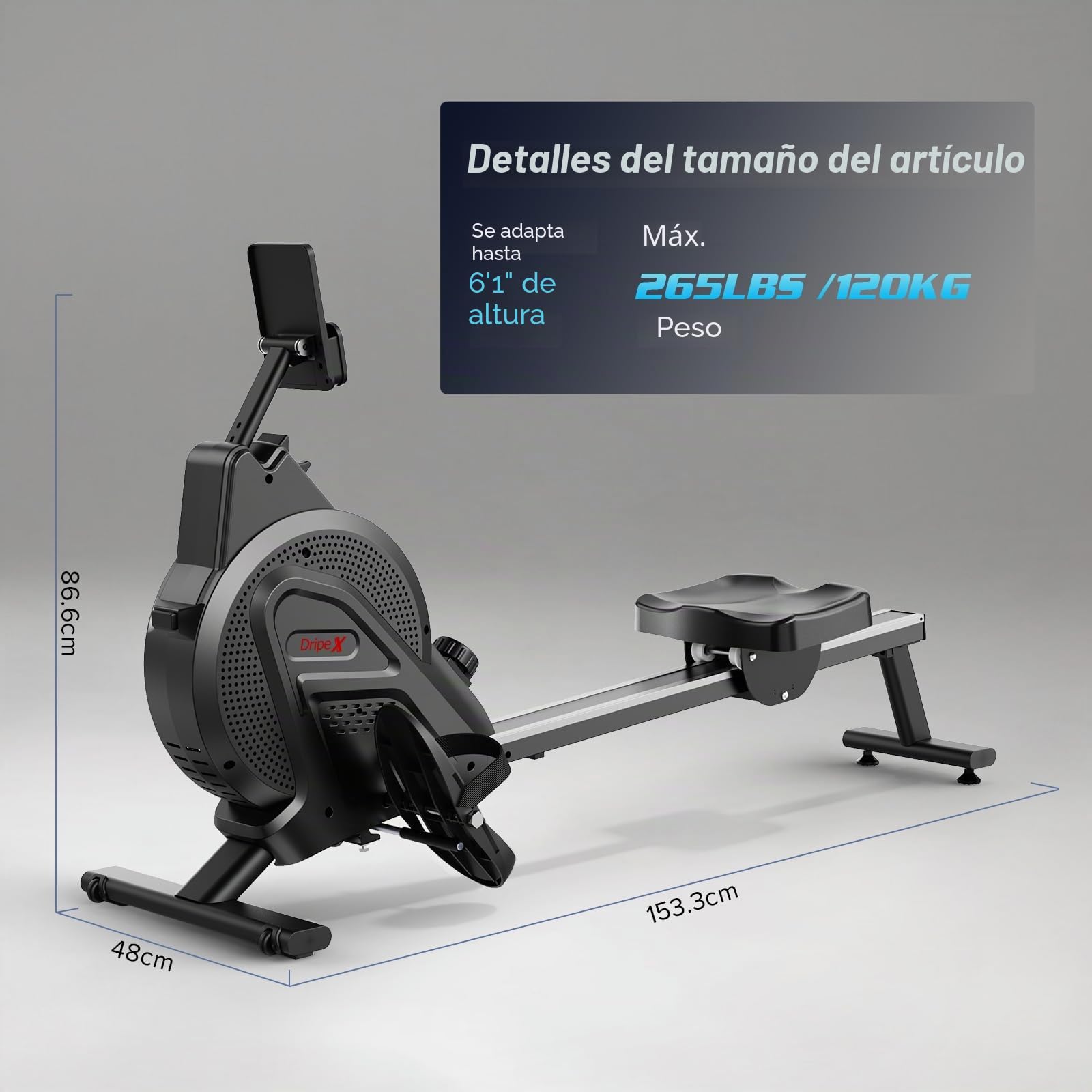 Dripex Máquina de remo magnética para uso doméstico, para gimnasio en casa y entrenamiento cardiovascular, con riel deslizante de aluminio, resistencia ajustable 16 y monitor LCD (versión actualizada