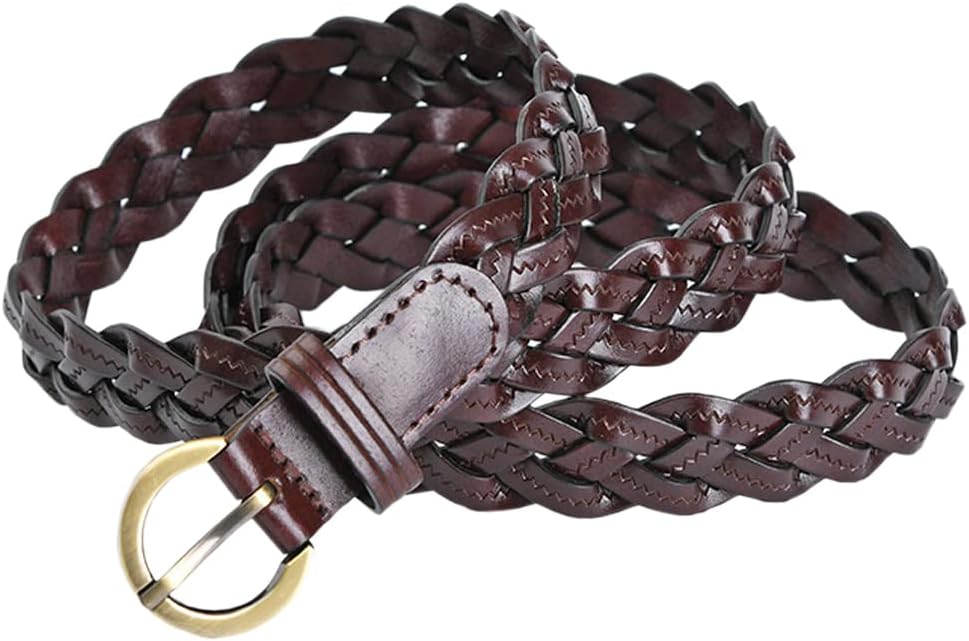 Women's Fashion Thin Braided Leather Belt for Dress with Golden Buckle 20mm