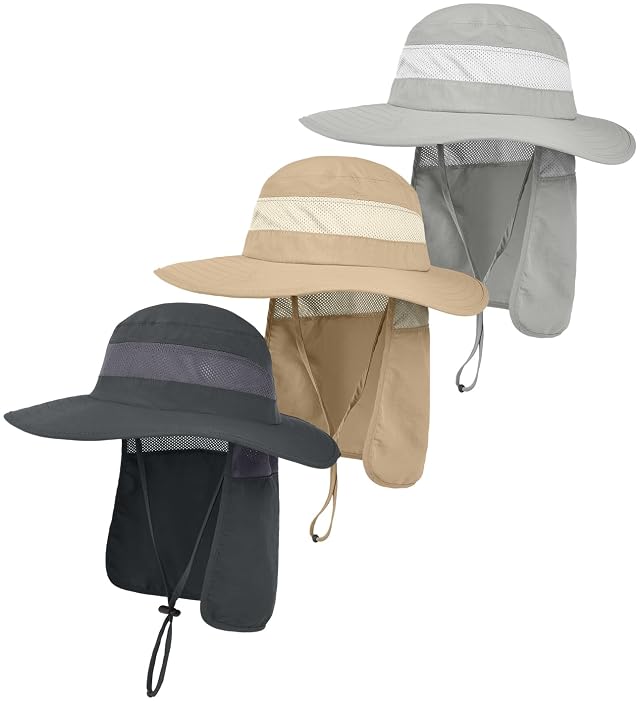 3 Pack Outdoor UPF50 Mesh Sun Hat for Men Wide Brim Fishing Hat with Neck Flap for Hiking