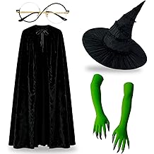 Witch Costume Accessory Set &ndash; Black Pointed Hat, Round Glasses, Green Claw Gloves &amp; Velvet Cape for Halloween, Cosplay &amp; Dress-Up