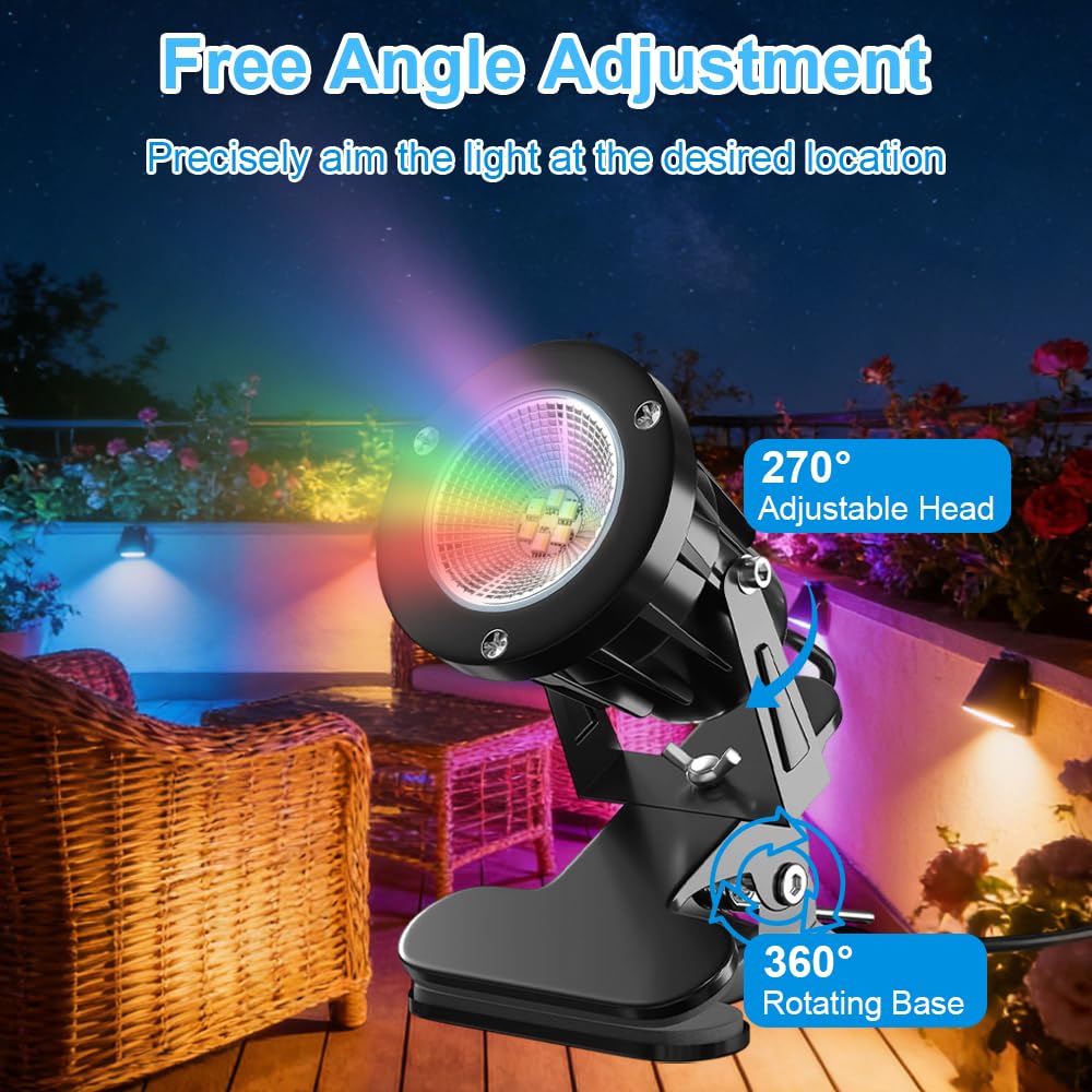 Foco LED de Pinza, 6W con Mando a Distancia & Interruptor Impermeable, Cable 3m & Enchufe EU, IP65 Resistente al Agua, Iluminación Interior Exterior Jardín Terraza, 15 Luz RGB + Luz Cálida
