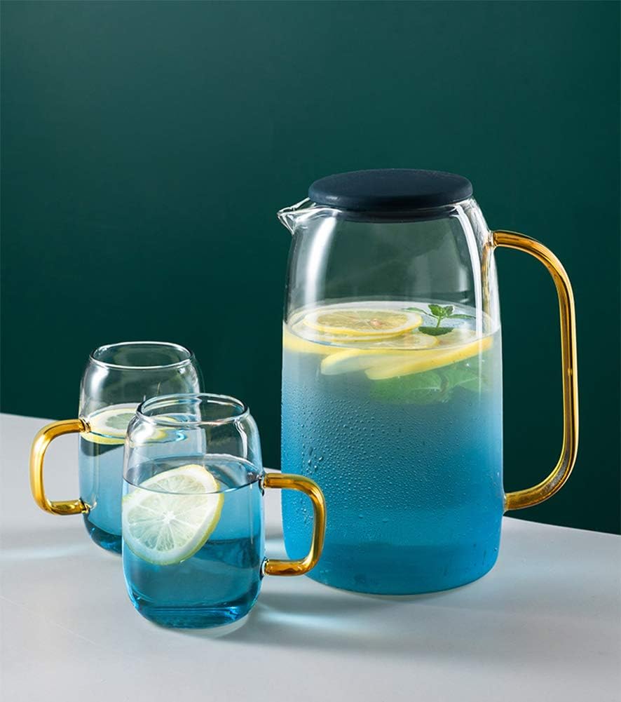 Nord Glass Water Jug with Lid, Gradient Blue Water Pitcher(1.4L) & Set of 2 Glass Tumblers, Hot or Cold Beverages Pitcher, Glass Carafe