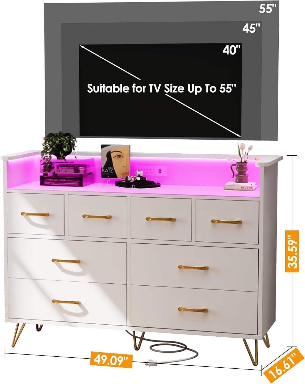 TrailBlaze Dresser TV Stand, Dresser for Bedroom with LED Light & Charging Station Entertainment Center with Storage 8 Drawers Wooden Dressers with Open Space Wide Drawers for Living Room, White