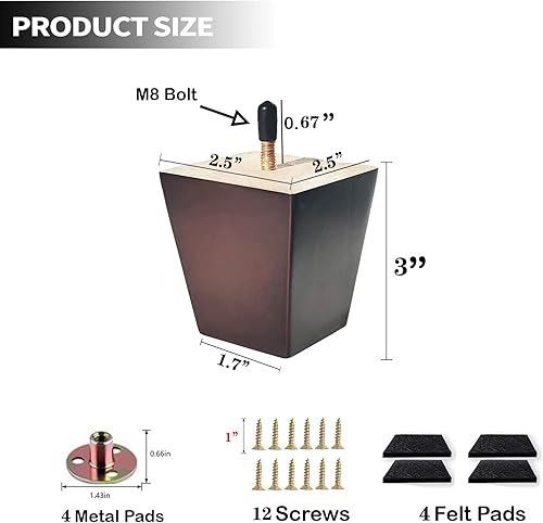 Miniatura 2 de Juego de 4 patas cuadradas para sofá, patas de repuesto de madera de 3 pulgadas para muebles, color marrón oscuro