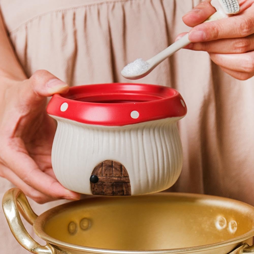 Sizikato Porcelain Condiment Pot with Lid and Spoon, 12oz Salt Bowl Sugar Bowl for Kitchen, Mushroom House Shape
