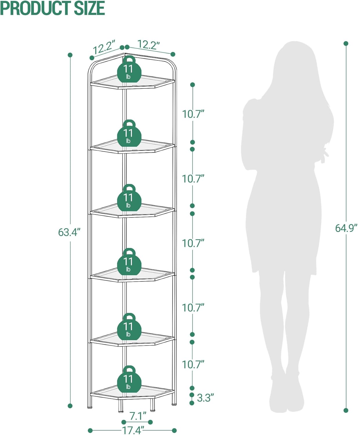 Hzuaneri Corner Shelf Stand,6-Tier Glass Bookshelf Bookcase, Bathroom Organizer, Plant Stand, Steel Frame, Tempered Glass, Modern Style for Living Room, Bathroom, Kitchen, White CS90613W