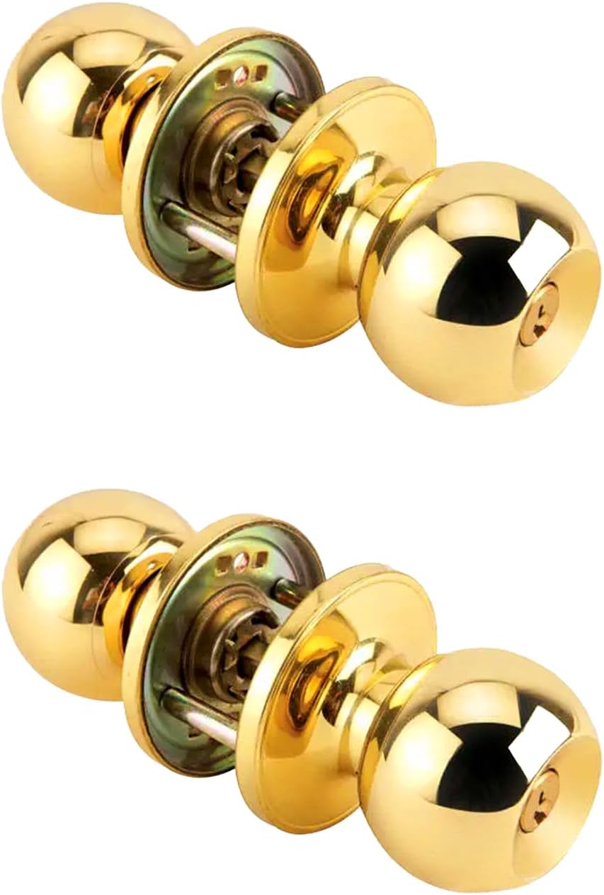 Gold Door Knobs with Lock and Keys, Interior and Exterior Door Lock, Standard Ball Door Locks for Bedrooms/Bathroom