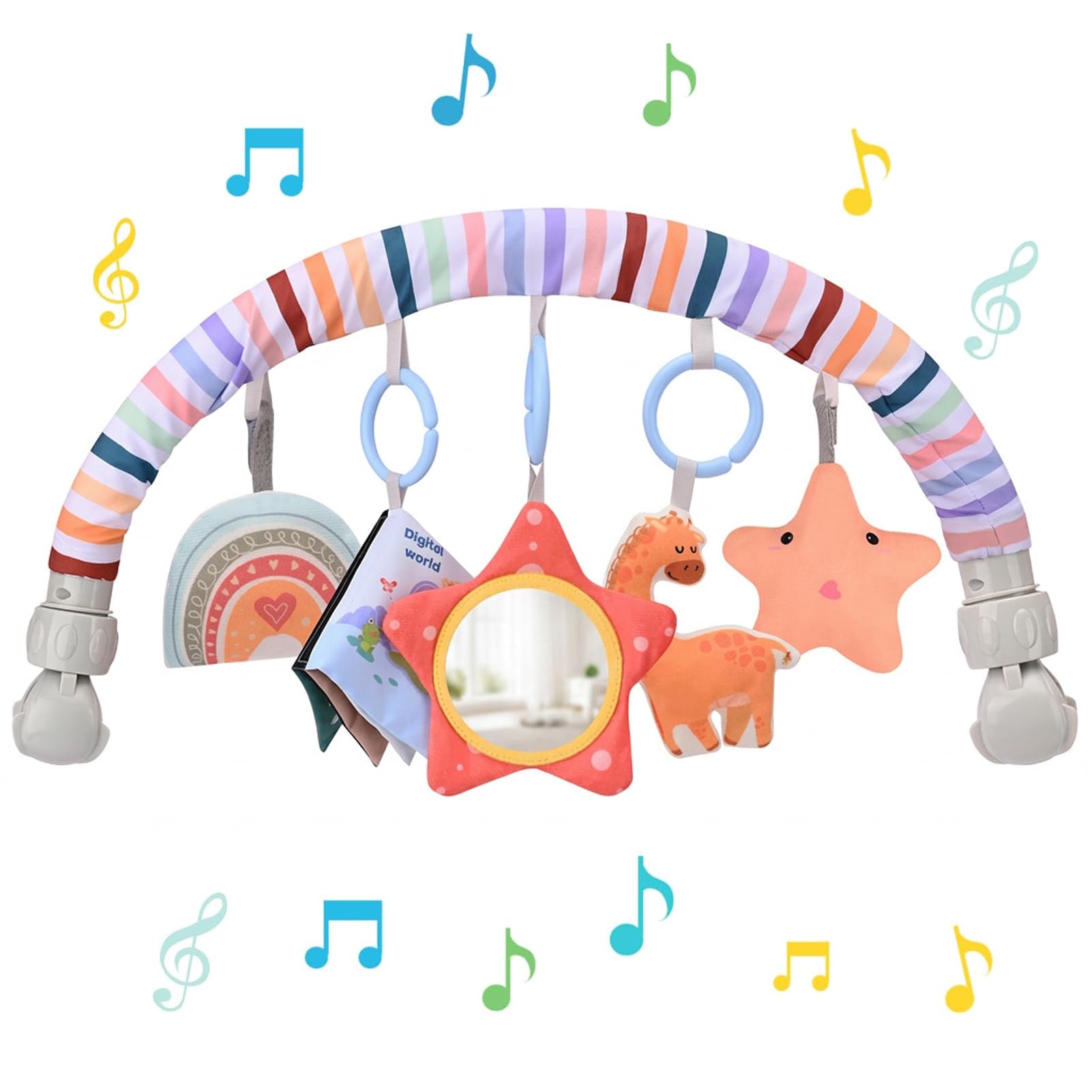 Bebamour Baby Stroller Arch Toy, Adjustable Pram Toys with Mirror, Soft Hanging Sensory Toys for Car Seat, Pushchair, Cot & Bassinet, Travel Activity Toy for Babies 0-36 Months, Giraffes