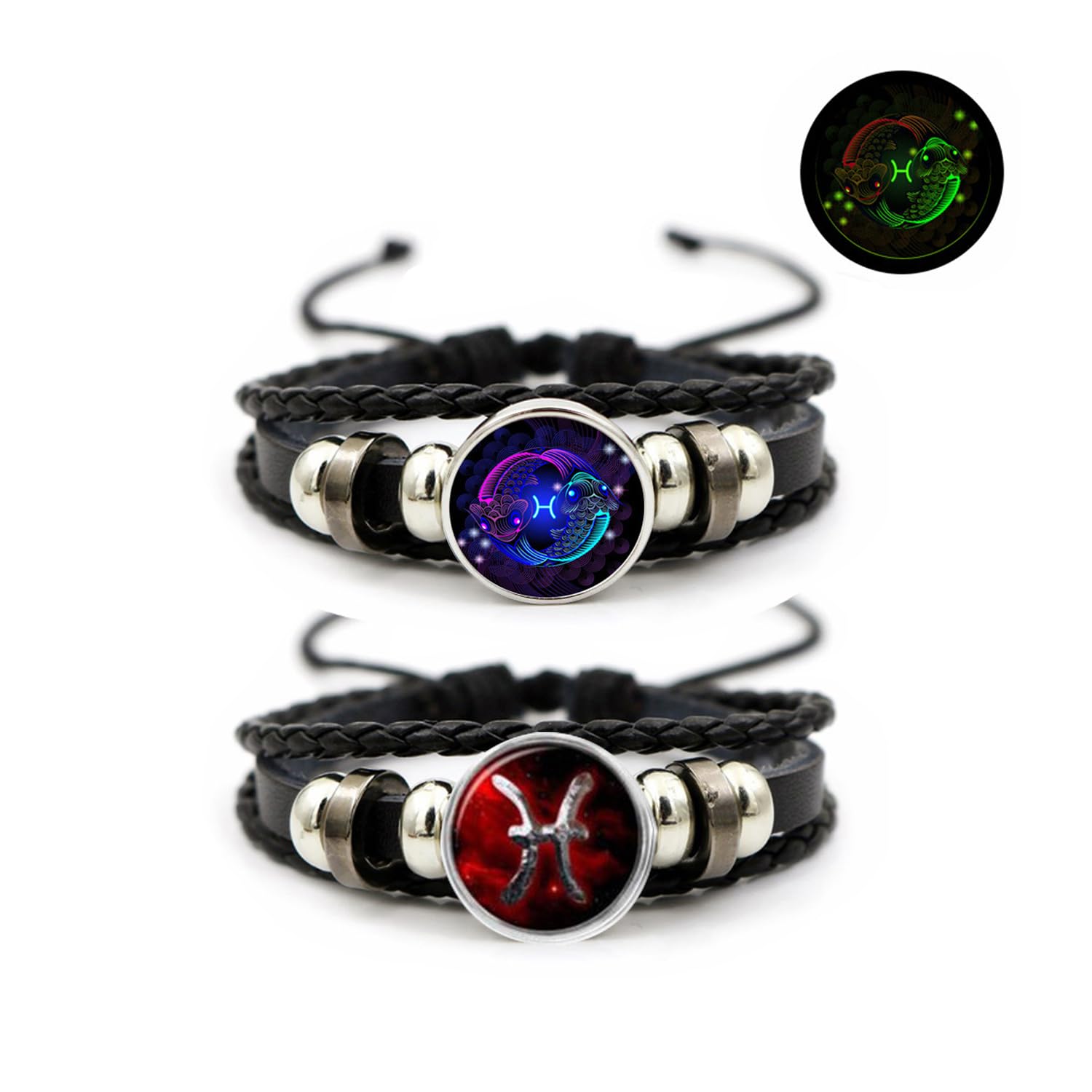 2Pcs Multilayer Constellation Zodiac Leather Bracelet Vintage Black Leather Bracelet Adjustable Handmade Woven Bracelet Birthday Jewelry Gift for Women Men
