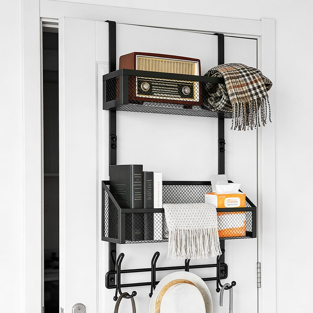 Appendiabiti da Porta con 4 Pz Ganci e 2 Pz Cestini in Rete,Organizer da Porta in Ferro da Appendere con Cestini per Bagno, Camera da Letto, Cucina, Ufficio