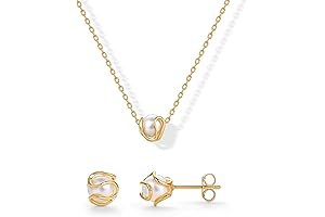 14K Gold Plated Rounded Shell Pearl Necklace and Earrings Set | Statement Bridal Jewelry