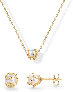 PAVOI 14K Gold Plated Shell Pearl Necklace & Caged Stud Earrings Set for Women - Timeless Jewelry Gift