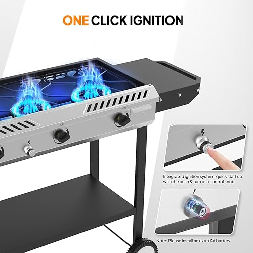 Miniatura 4 de ROVSUN Estufa de gas propano para exteriores de 3 quemadores con plancha, encendido y estantes laterales, potente estufa de gas de 225,000 BTU,
