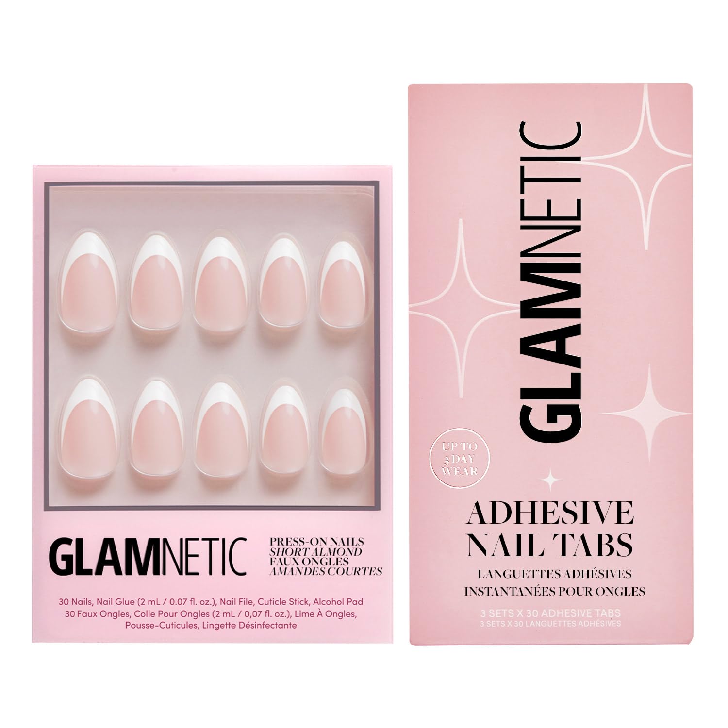 Glamnetic Press-On Nails & Adhesive Nail Tabs - Ma Damn | French Tip, UV Finish Short Pointed Almond Shape, Reusable Semi-Transparent Nails in 12 Sizes - 24 Nail Kit