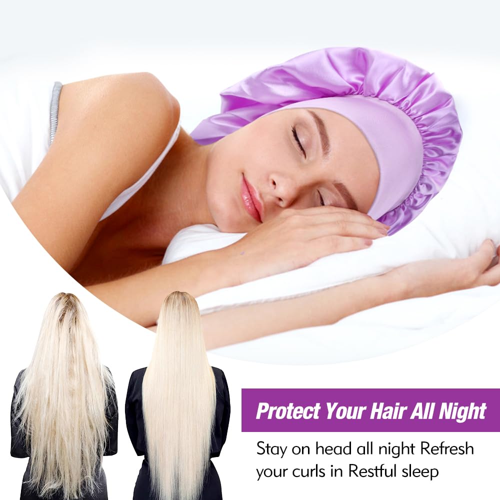 Lawie 6 Pack Colors Satin Lined Silky Sleeping Bonnets Shower Caps Curly Long Hair Protector Night Large Adjustable Wide Brim Band Sleep Hats Hair Wraps for Women Men Girls (Spring Colors)