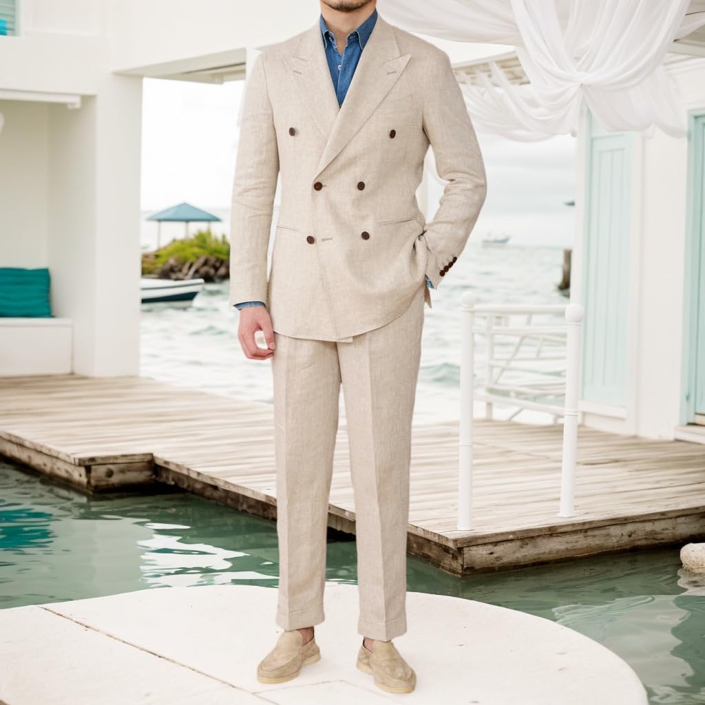 当日発送】 ベージュ ダブル スーツ。 80's ベージュ ストライプ