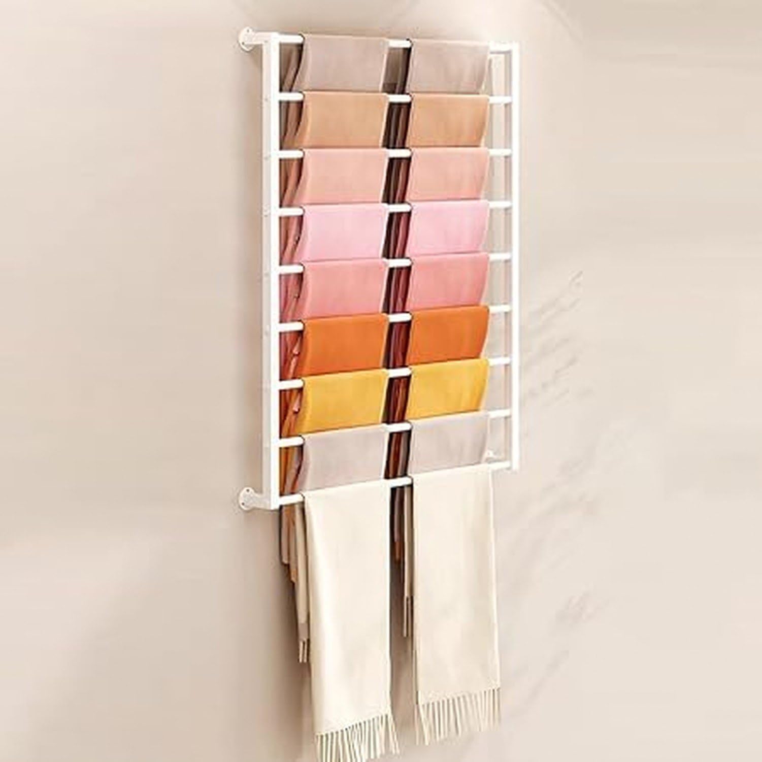 Wieszak na szaliki ścienny organizator 47cm na apaszki chusty krawaty jedwabne, zdejmowany poprzeczny drążek, złoty stojak dom komercyjny, White, W80cm/31.5" x H120cm/47.2"