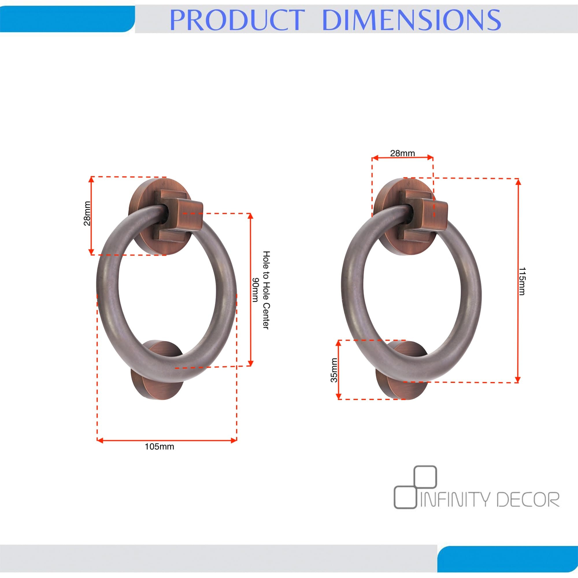Infinity Decor Battente ad anello in ottone massiccio da 110 mm, finitura bronzo invecchiato, di alta qualità, per ingresso e porta d'ingresso