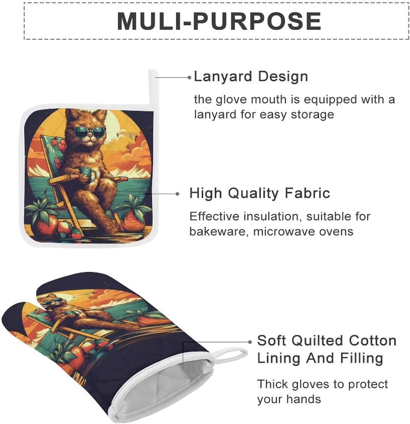 Beach Cat 4 Pcs Oven Mitts and Pot Holders Set High Heat Resistant Long Kitchen Oven Glove Potholders