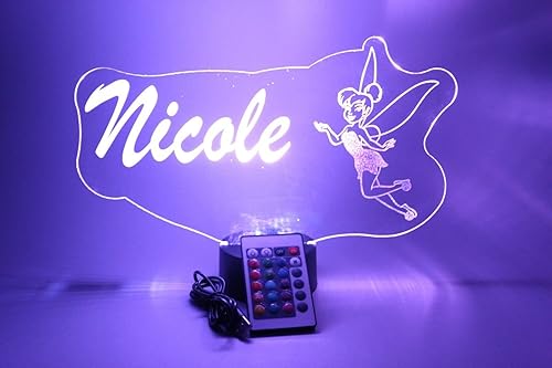 Mirror Mania Store Tinkerbell - Lámpara de mesa con luz de noche de hadas personalizada, grabada, hecha a pedido con temática de Tinker Bell para disponible en Yaxa Colombia
