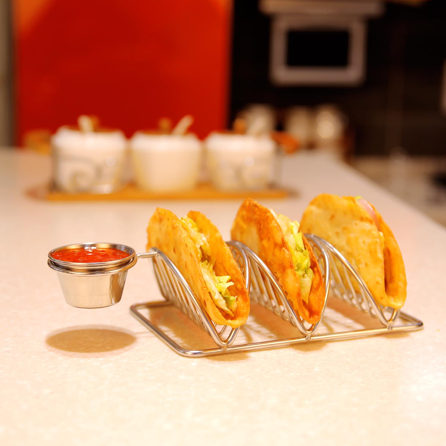 Dolin Decor Premium Stainless Steel (Ss) Taco Holder Stand with Dip Bowl β Stylish and Durable Taco Shell Serving Rack for Parties (Silver) (Silver, Set of 1) 4