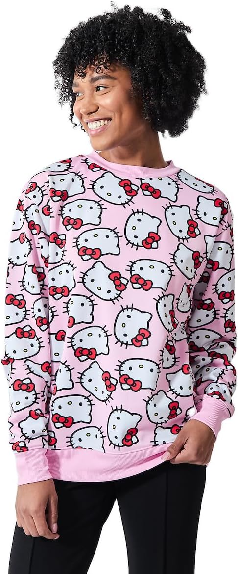 Bioworld Hello Kitty Character Heads All-Over Print Women's Pink Crew Neck Long Sleeve Sweatshirt