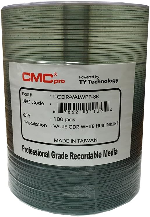 CMC Pro -Powered by TY 48X CD-R, White Inkjet Hub Printable, 100 Disc Tape Wrap, Valueline