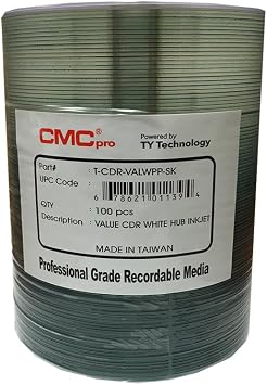 CMC Pro -Powered by TY 48X CD-R, White Inkjet Hub Printable, 100 Disc Tape Wrap, Valueline