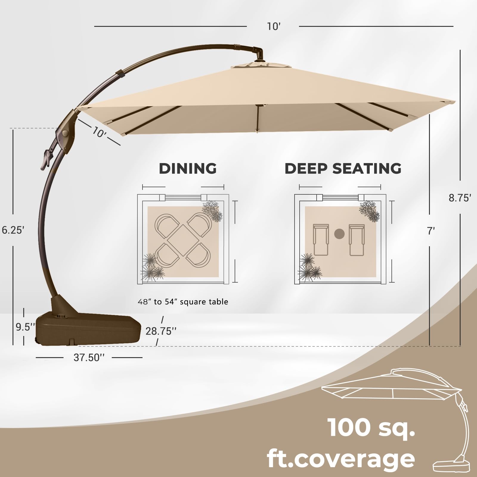 Grand patio 10x10 FT Patio Offset Umbrella Large Square Aluminum Cantilever Umbrella Base Included for Deck Porch (Champagne, 10x10 FT) : Patio, Lawn & Garden