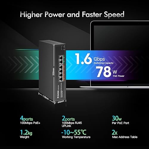 Miniatura 3 de MokerLink Switch PoE de 6 puertos con 4 puertos PoE+, 2 Fast Ethernet Uplink, 10100Mbps, 78W de alta potencia, compatible con IEEE802.3afat,