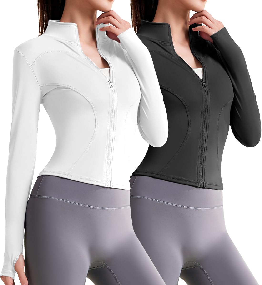 MK MATT KEELY Women's 2 Pack Workout Full Zip Jackets Slim Fit Running Athletic Jackets Cropped Yoga Tops with Thumb Holes